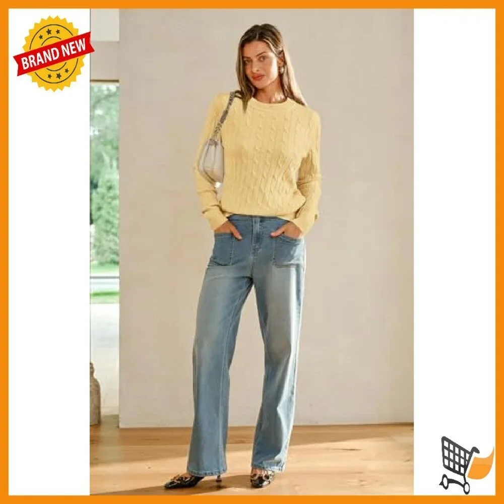 Wool Blend Cable Knit Pullover Sweater, Loose Fit Crew Neck